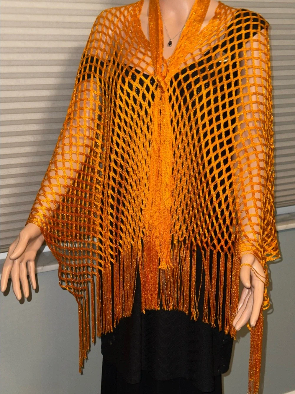 Gold Open-Weave Fringe Shawl Wrap
